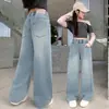 Jeans bordado estilo novo para meninas, calça reta larga de corte solto para estudantes do ensino fundamental e médio, estilo primavera e outono