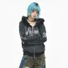 Moletom com Listras Pretas e Cinzas Subcultura para Homens e Mulheres, Jaqueta Cropped Emagrecedora de Outono, Ombro Normal, Roupa de Exterior Estilo Milênio Y2K