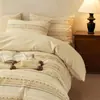 Estilo retrô! Conjunto de quatro peças de algodão 100% escovado com estampa caseira Classe A, capa de edredom de algodão puro, lençol de cima, lençol com elástico, conjunto de cama
