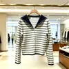 Cardigã de Tricô Listrado com Gola Azul Marinho em Algodão-Tencel para Mulheres, Outono e Inverno