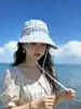 Sombrero para Mujer, Verano Algodón y Lino Transpirable Cuadros Ala Ancha Sombrero de Sol, Estilo Japonés Atado Sombrero de Protección Solar