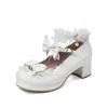 Sapatos Lolita femininos com laço, boca rasa, sapatos Lolita japoneses, bico redondo fofo, salto médio, sapatos Lolita de salto único