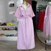 Roupa Feminina Transfronteiriça Europeia e Americana Nova Moda Outono Camisa de Manga Curta Listrada com Lapela Conjunto de Saia com Alça