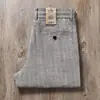 Calça Masculina Casual Solta de Verão Europeu em Algodão e Linho, Perna Reta, Padrão Espinha de Peixe, Cintura Elástica, Cordão