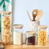 Pote de Armazenamento Quadrado de Vidro Transparente com Tampa de Bambu Cozinha Alimentos Frutas Secas Grãos Grãos Grãos Café Chá