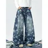 Jeans Americano Retrô Lavado 2025 Masculino Camuflado Cimitara Calças de Perna Larga Street Jeans Desconstruído Drapeado Masculino