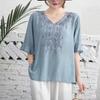 Blusa Bordada Estilo Étnico 2024 Verão Novo Estilo Seda e Linho Bordado Estilo Étnico Feminino Solto Casual