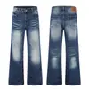 K5676 High Street Estilo Americano Unisex Tendencia Callejera Lavado Bigotes de Gato Diseño de Patrón de Rayos Jeans Retro Micro Acampanados para Hombre