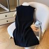 Estilo Popular de Alta Calidad de las Trece Líneas de Guangzhou ~ Vestido Chaleco Simple de Cuello Redondo Otoño Recto Adelgazante Tejido de Punto Caído Vestido Largo para Mujer