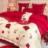 Juego de Ropa de Cama Rojo de Lujo Ligero y de Alta Gama de Cuatro Piezas para Boda, Colcha de Algodón de Alto Hilo, Boda Simple y Elegante Boda