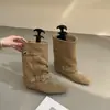 Hebilla de cinturón retro para aumentar la altura, botas de mujer, nuevo estilo otoño 2026, punta cuadrada, botines elegantes, botas de montar a media pantorrilla