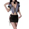 Uniforme de Policíaca Divertido de Primer Amor Mono Sexy con Tiras Cortadas Bolso Secreto para la Escuela Falda de Cadera Pijama Transparente Atrevido para Mujer