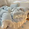 Juego de ropa de cama de cuatro piezas de encaje francés de grado A para invierno, con funda de edredón de vellón de doble cara y sábana bajera de terciopelo coral de vellón