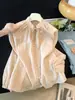 Elegante blusa transparente de manga larga con cuello para mujer, nuevo estilo de verano, botones de una fila, mangas tipo linterna, camisa protectora solar, blanco y rosa nude