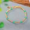 Pulsera de Plata de Ley S925 Chapada en Oro con Ónix Verde, Redonda Vintage Tallada, Geométrico Simple Elegante
