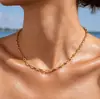 Colar Delicado Retangular Esculpido em Aço Titânio Colmeia Feminino Corrente Oval Embossada Ouro 18K Simples Camadas Colar para Clavícula