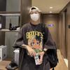Camiseta de Manga Curta de Algodão Puro Hip-Hop de Rua Americana Masculina Verão Ins Marca Tendência Solta Estampa de Desenho Animado Camiseta Manga Três Quartos Tendência