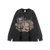 Camiseta de manga larga lavada antigua con estampado en aerosol directo, estilo americano, estilo vintage de calle principal, divertida, para hombre, de base antigua.