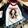 Camiseta de Manga Larga con Estampado de Dibujos Animados para Niñas, Nuevo Estilo Primavera y Otoño, Camiseta Básica de Patchwork de Colores de Moda y Versátil para Niños Mayores