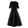Moda Elegante 2024 Vestido Preto Pequeno Gola Meia Manga Tricô de Lã Costura Saia Tutu Ajuste Slim vestido