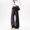 Jeans Reto com Estampa Graffiti Estilo Americano para Mulheres, Novo Design High-Street de Primavera, Calça Larga Solta Comprida, Tendência