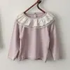 Estilo INS Primavera e Outono Bebê Criança Pequena Gola com Renda de Malha para Dentes Camada Base Manga Longa Top para Menina Bebê Princesa