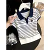 Polo Listrado Simples Estilo Comuter Color Block Suéter de Tricô Urso Vazado 2026 Verão Nova Era Redutor de Idade Elegante