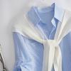 Chegada Nova de Primavera Camisa Risca de Giz Xale Tricotado Conjunto de Duas Peças Dobrável Manga Longa e Curta Camisa Casual Solta para Mulheres