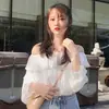 Camisa de Chiffon Feminina Outono Estilo Coreano Solta Gola Descaída Manga Longa Camisa Estudante Ombro Caído Camisa Top