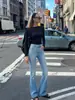 Jeans Feminino Micro-flare de Cintura Alta, Elástico, Slim Fit, Levanta Bumbum, Azul Claro, 26, Novo Clássico de Outono, Design Lavado Emagrecedor