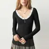 Fuente Mayorista Encaje Empalmado Encaje Corte Ajustado Puro Deseo Manga Larga Top Corto Sexy Y2K Tendencia Femenina Camiseta Tejida