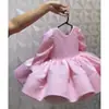 Vestido de Primera Cumpleaños Rosa de Lujo Ligero para Bebé Niña con Lazo Grande, Dulce Vestido de Princesa, Vestido de Niña con Falda Voluminosa