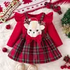 Vestido canguru para bebê conjunto de três peças mangas bufantes vermelhas veado 3D xadrez 2026 Natal fábrica de origem conjunto para meninas