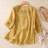 Camisa de Algodón y Lino Nueva de Verano Vintage para Mujer, Camiseta Artística Bordada a Mano con Cuello Redondo, Top Delgado Elegante