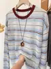 Blusa de Punto de Seda Helada con Rayas Contrastantes de Diseño Nicho Coreano de Manga Larga para Mujer Verano Delgado Protector Solar