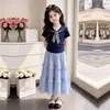 2026 Estilo College Gola Azul Marinho Manga Curta Renda Fofa Saia Bolo Estilo Coreano Doce Meia Saia Conjunto de Duas Peças de Verão