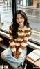 Cardigan de Tricô Listrado com Gola de Renda Estilo Francês Suave Feminino Outono Inicial Novo Casual Emagrecedor Elegante Peça de Roupa Externa Top