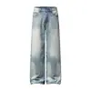 Calça jeans reta macia azul lavada estilo retrô americano, unissex, solta, de perna larga, casual e versátil