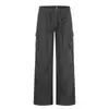 Pantalones cargo rectos multibolsillos estilo americano para hombre, marca de moda con vibra high street, color liso, corte holgado, pantalones largos casuales con cordón