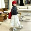 Conjunto de Ropa de Otoño para Niñas Nuevo Estilo Universitario Sudadera de Manga Larga con Cuello Polo Rayado con Falda Conjunto de Dos Piezas