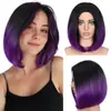Peluca europea y americana morada estilo transfronterizo, corte bob, cabello corto lacio, con raya en medio, peluca popular para Halloween