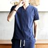 Camiseta de Lino de Manga Corta de Seda Helada para Hombre Color Sólido Cuello en V Estilo Chino Top de Algodón y Lino Hanfu Casual Camiseta de Media Manga