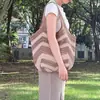 Bolsa de Ombro para o Dia a Dia, Bolsa de Tricô Color Block Listrada, Bolsa de Palha Grande Capacidade Feminina, Bolsa de Mão Estilo Férias Relax