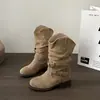 Hebilla de cinturón vintage desgastada, botas apiladas para mujer, nuevo modelo de otoño 2026, botas de trabajo de tacón grueso a media pantorrilla, botas versátiles de moda estilo europeo y americano