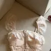 Foto Real de Blusa Feminina de Renda Rosa Pura Patchwork Manga Curta, Novo Top Curto Estilo Doce Francês de Verão