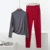 Conjunto Casual de Dos Piezas para el Hogar, Holgado, Talla Grande, Modal Delgado, para Primavera y Otoño, con Cuello Semi Alto, Mangas Largas y Pantalones de Cintura Alta