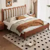 Cama de madera maciza con cajones de borde a ras y almacenamiento alto en caja, patrón de ondas vintage estilo francés, 1,68 metros, cama doble para uso doméstico