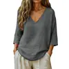Top Casual Suelto de Moda Europeo y Americano Transfronterizo 2026 Amazon Primavera/Verano Nuevo para Mujer con Mangas Medias y Cuello en V de Algodón de Bambú