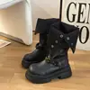 Botas de Couro de Cano Alto com Solado Grosso Estilo Duas Vias de Nicho Botas de Equitação Moda Feminina Estilo Coreano Fivela Botas de Motocicleta Emagrecedoras Botas Longas