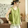 Estilo verão, tamanho grande, mistura de algodão e linho, bainha bordada, colete sem mangas, modelagem solta, respirável, adequado para o trabalho ou uso casual, camiseta feminina